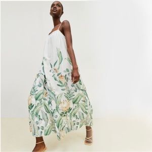 H&M VOLUMINOUS LINEN-BLEND DRESS ivory linen blend floral dress Size Med…